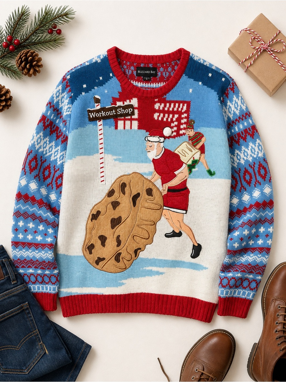 Blizzard Bay Ugly Christmas Sweater Santa Workout Shop Cookie Szs